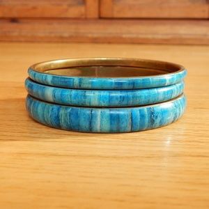 Faux Turquoise Inlay Brass Bangle Set